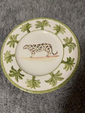 Tropical Leopard Dinner Plate Green Palm Design Hand Painted San Marco Italy